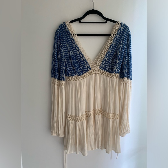 FREE PEOPLE Dusk Till Dawn Embroidered Blue Boho Mini Dress - Size S/4 - NWoT! - Picture 6 of 10